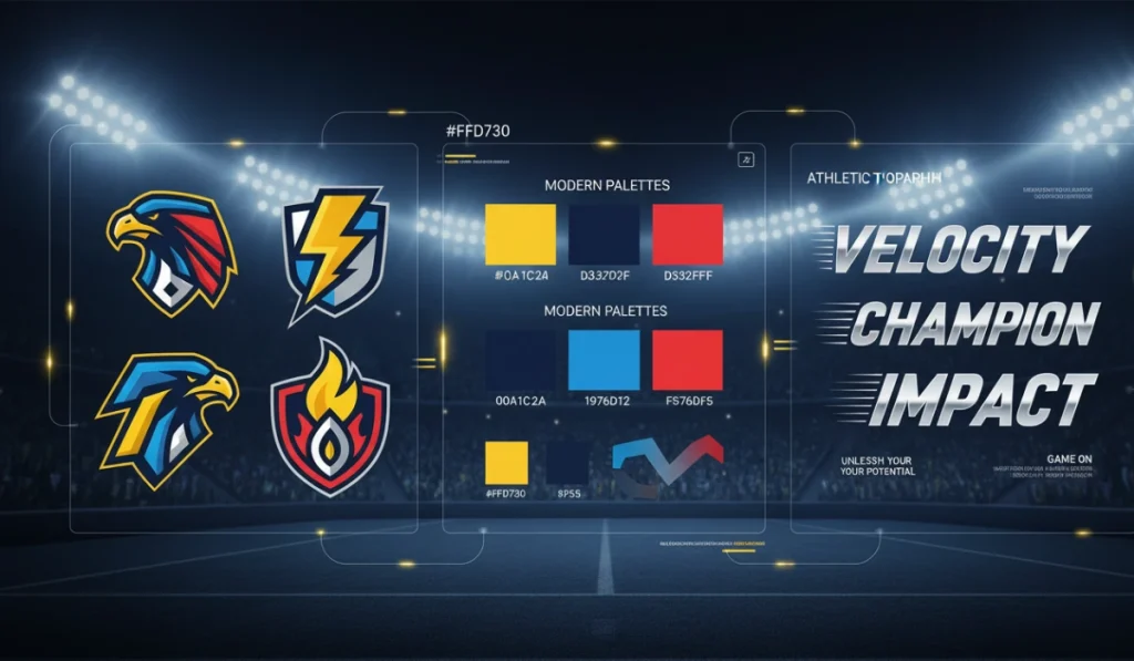 Muestras de logotipos, paletas de colores y tipografías deportivas