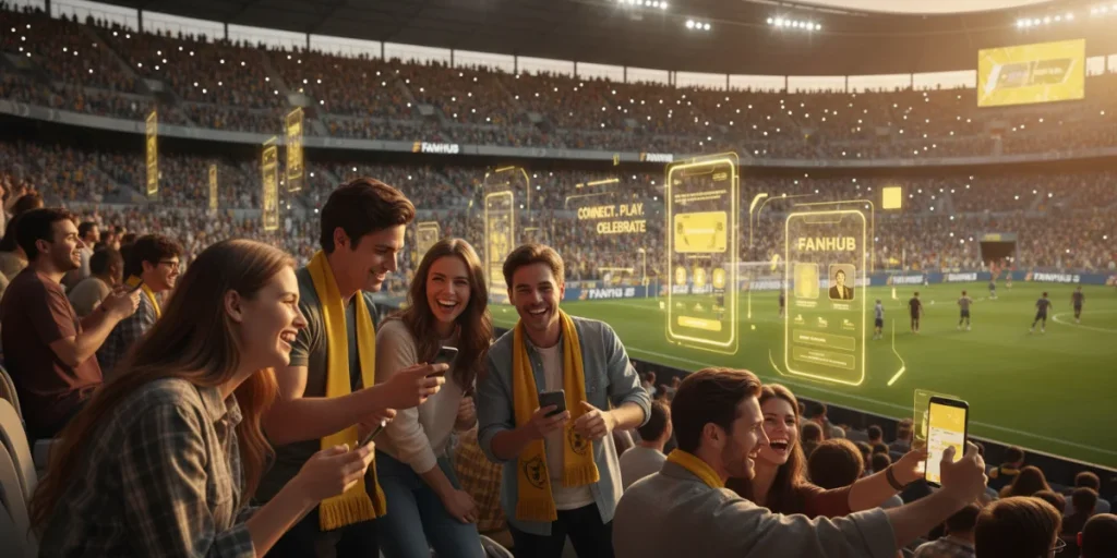 Aficionados de un club interactuando con una app móvil en un estadio