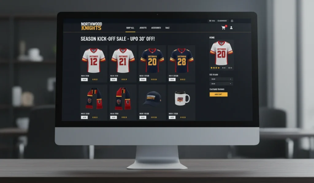 Captura de una tienda online de merchandising deportivo con camisetas y productos