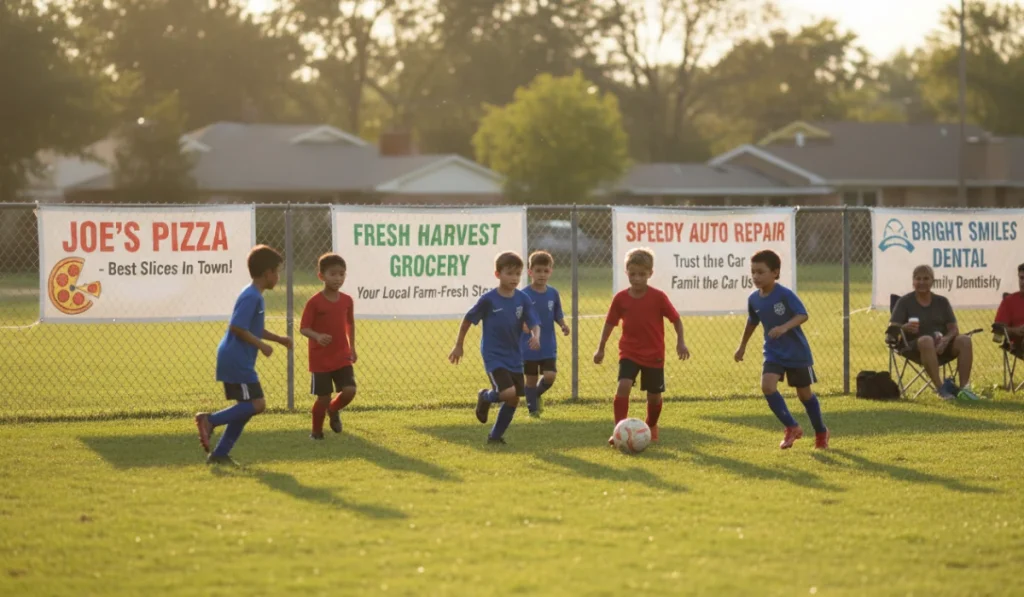 Niños jugando al fútbol con pancartas de negocios locales alrededor del campo