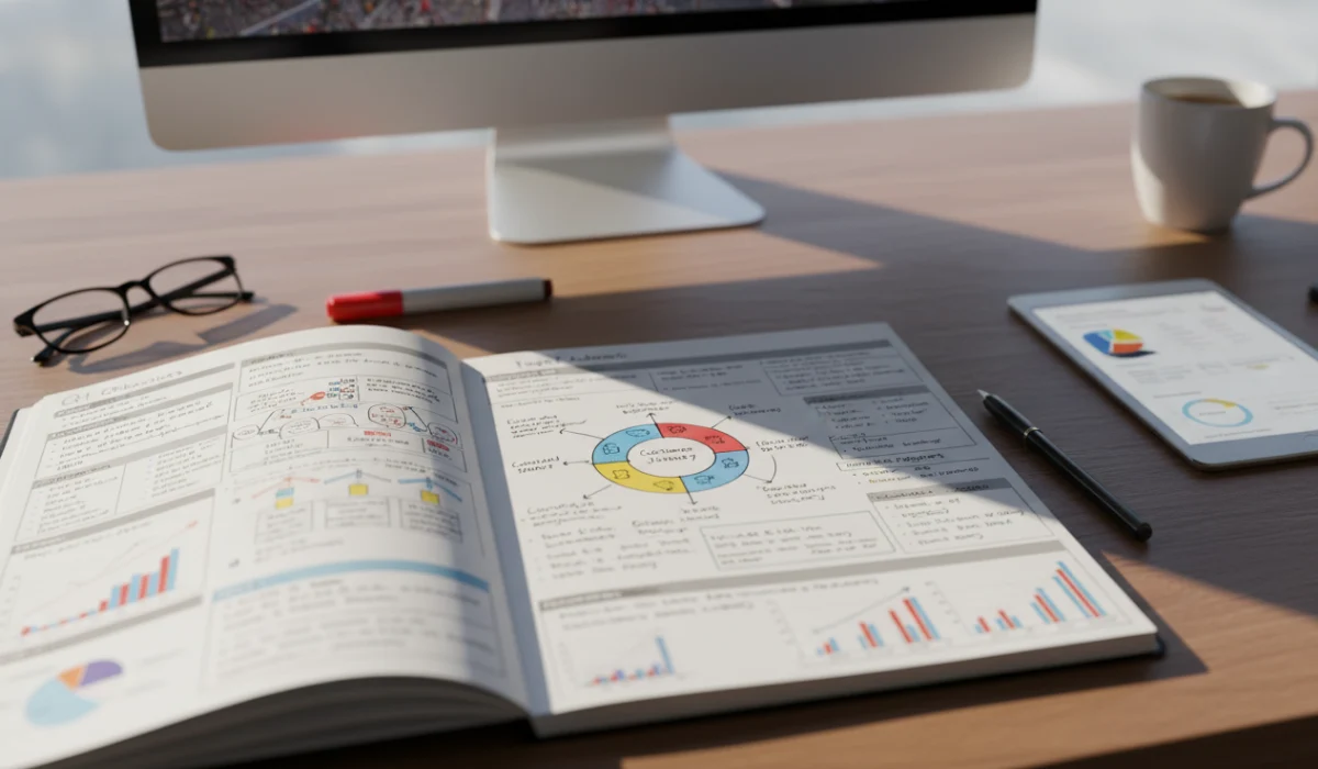 Esquema de planificación estratégica con notas y gráficos