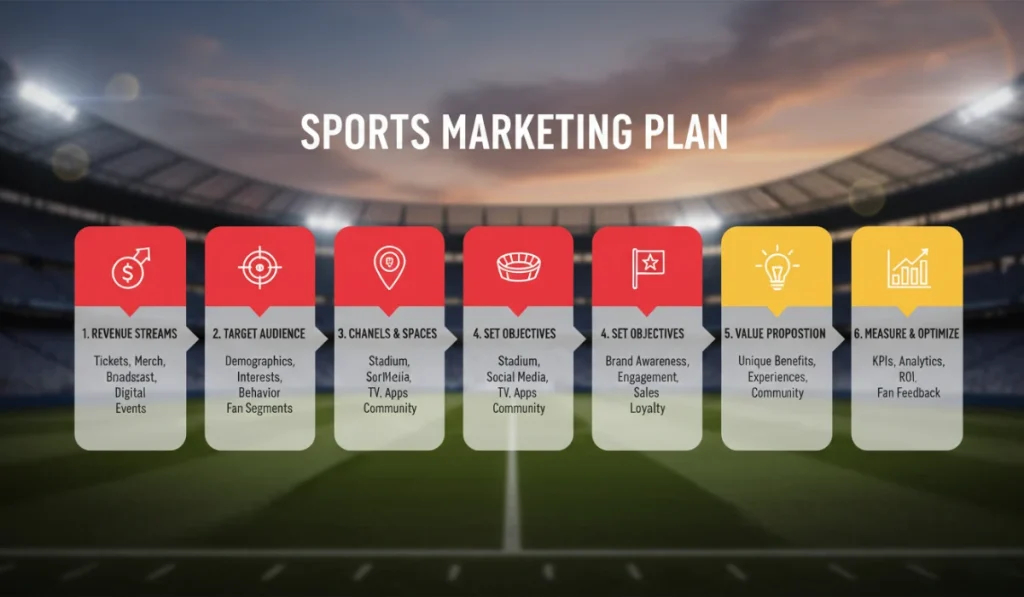 Infografía que enumera los pasos de un plan de marketing deportivo
