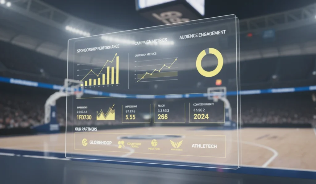 Tablero digital con métricas de marketing y logos de patrocinadores