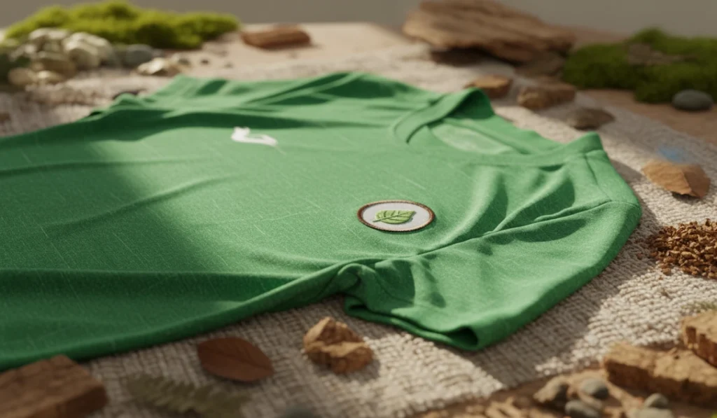 Camiseta deportiva verde sobre un fondo natural y texturas recicladas