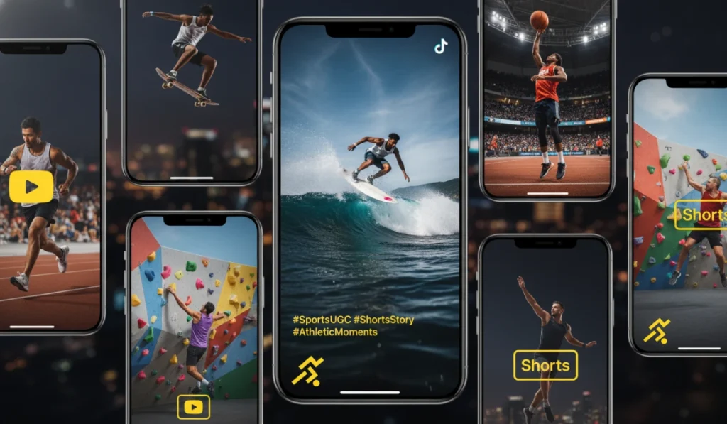 Collage de vídeos verticales y redes sociales mostrando deportes